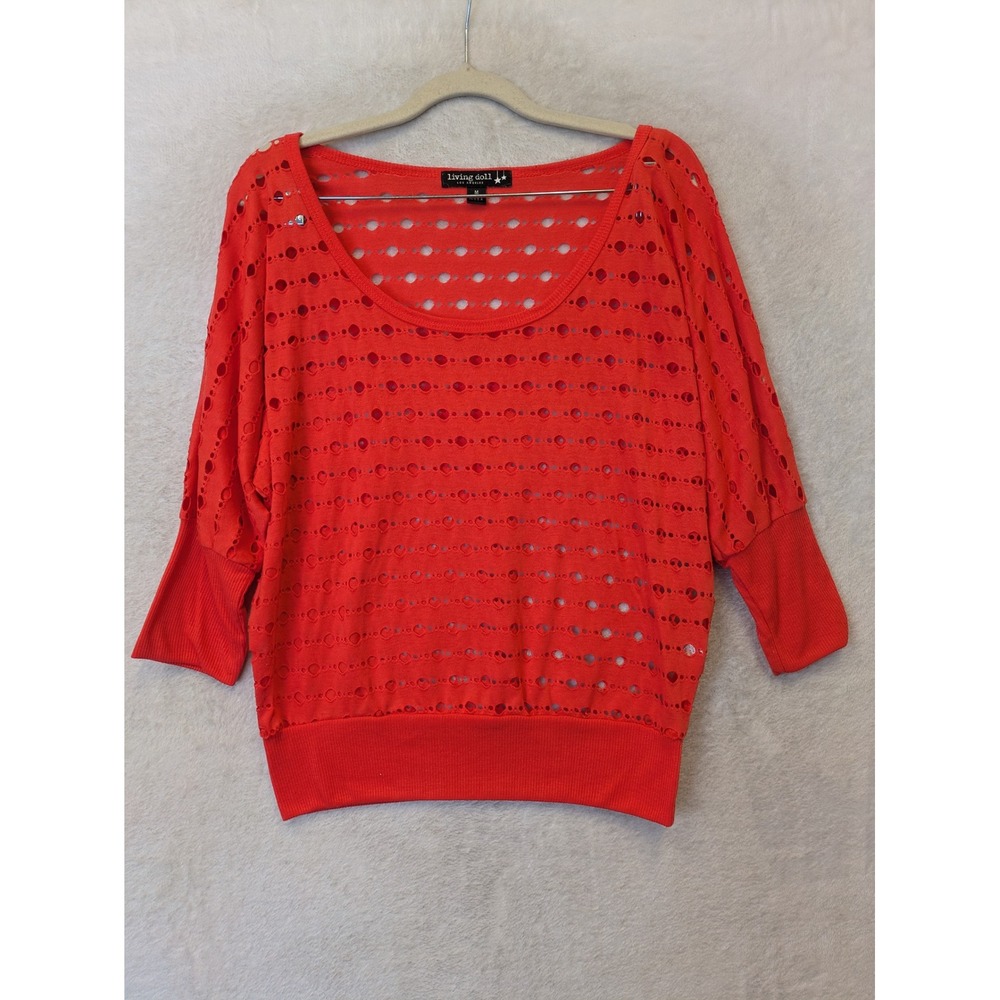 Living Doll Los Angeles Women's Size M Red‎ Eyelet Open Knit Dolman Top